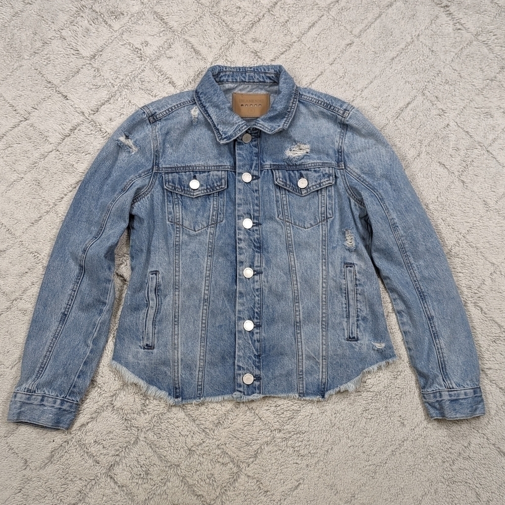 Blank NYC Jacket Women's S Blue Rise Above Distressed Denim Button Up Frayed
